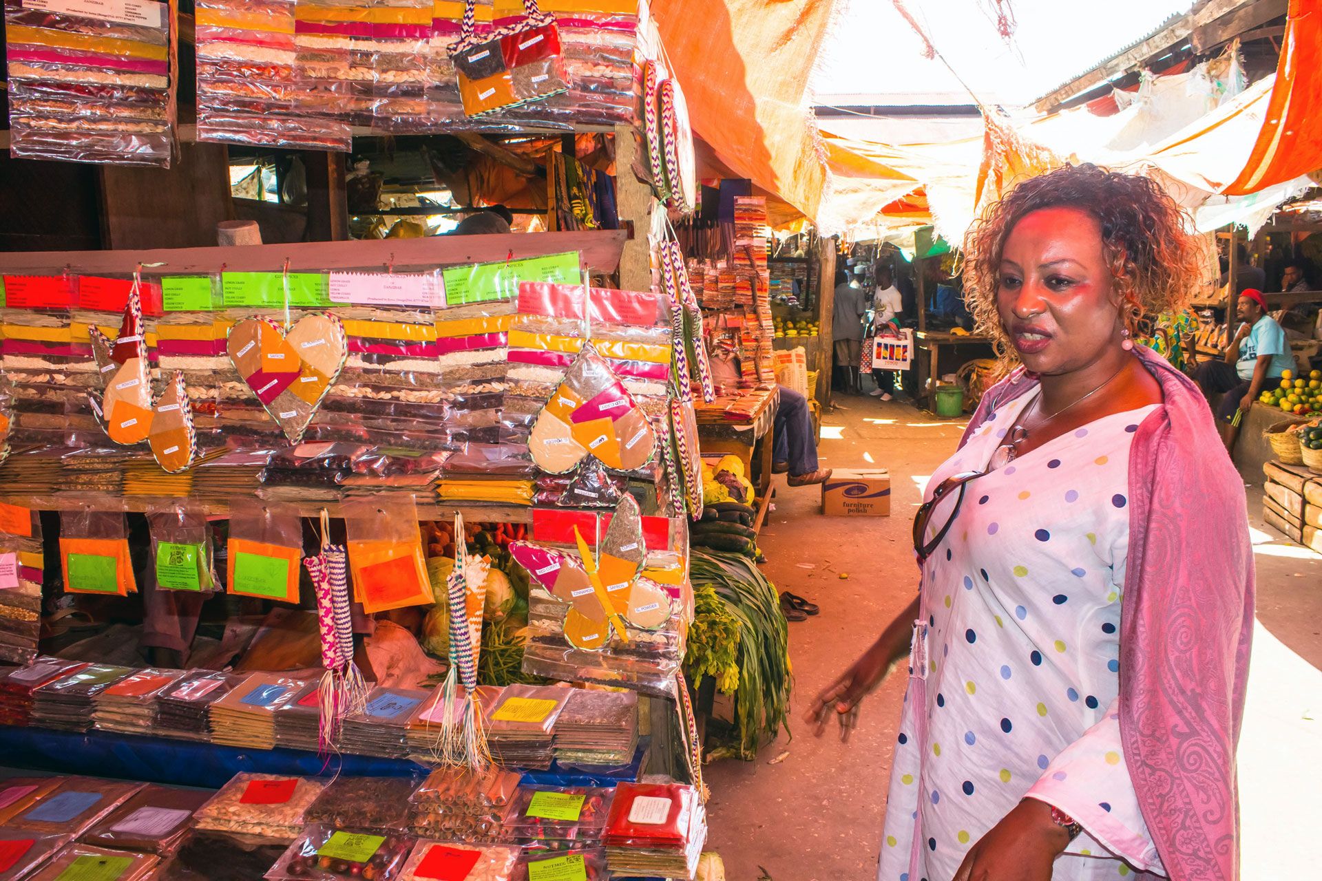 A shopper at a spice store in Zanzibar's Stone Town