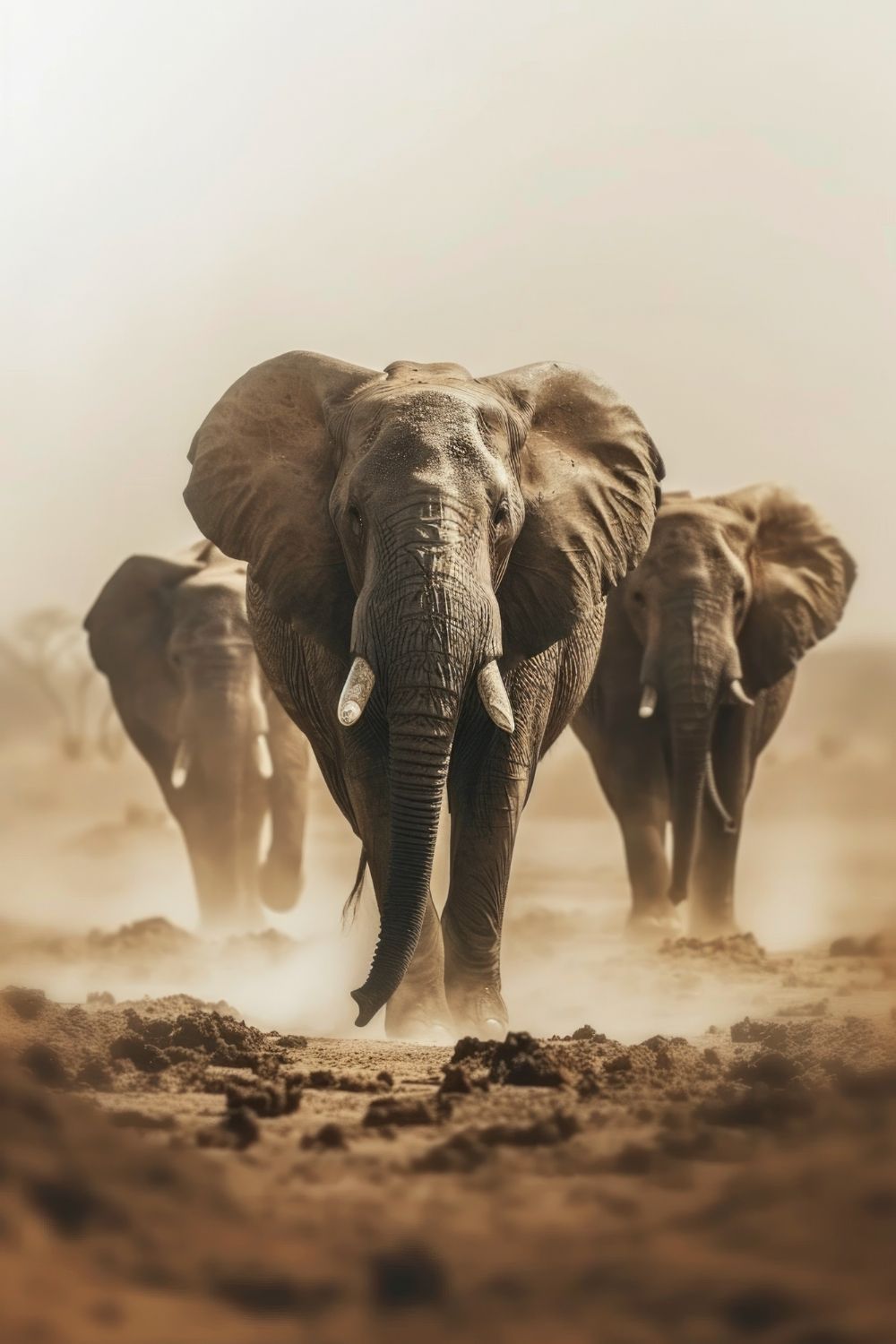 Elephants walking and kicking up some dust