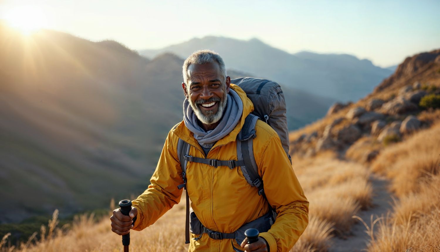 A man hikes up a trail on a mountain