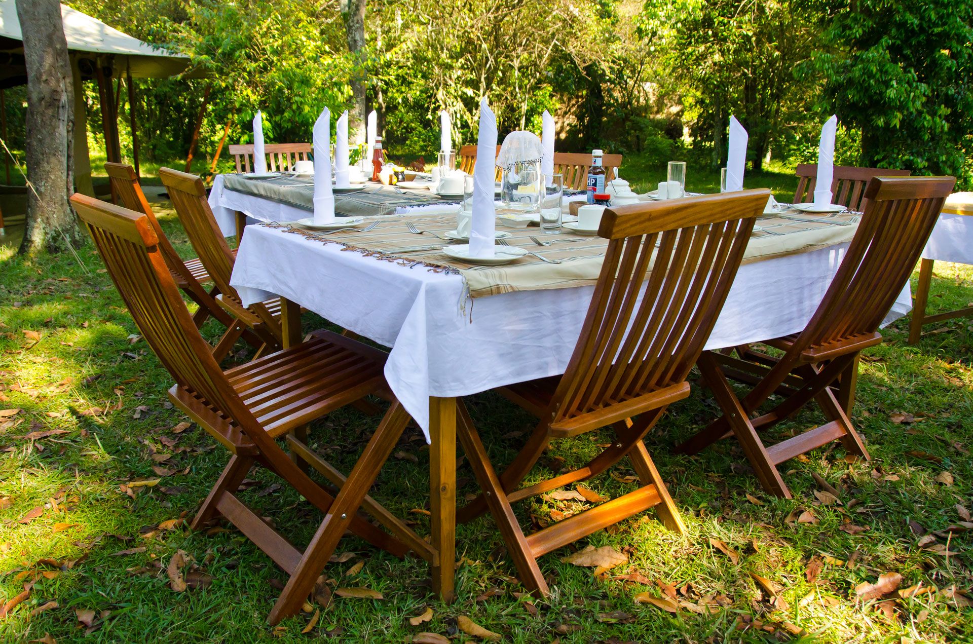 Table setting outdoors at a tented camp in the Maasai Mara