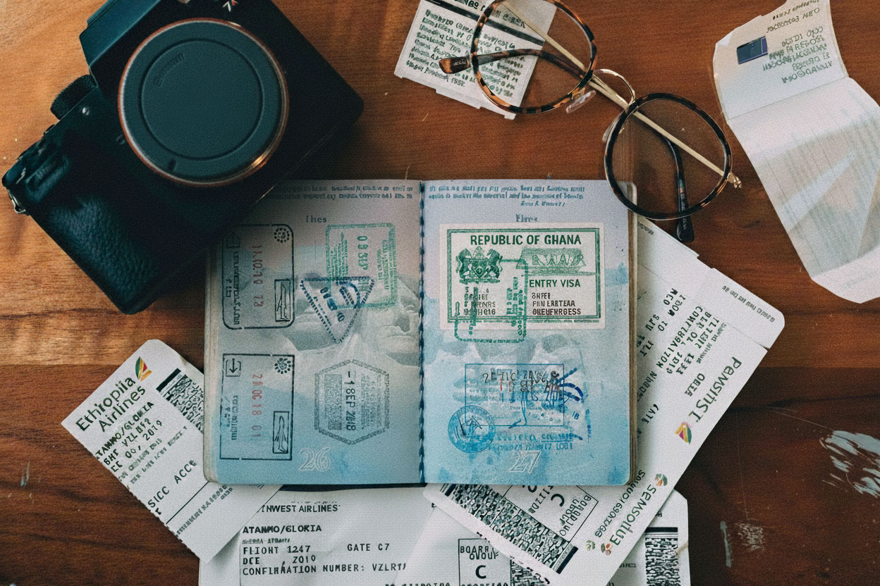 Passport with an open page showing a Ghanaian visa