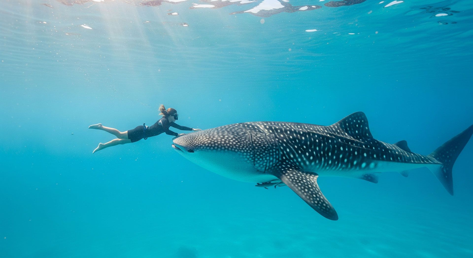 A diver swims with a whale shark in the turquiose waters of Mafia Island, Tanzania. 