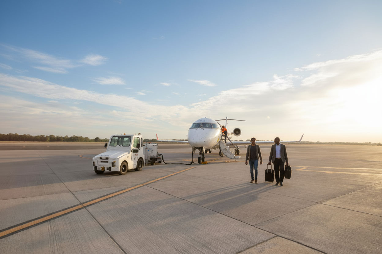 Passengers walk off a plane at an airport.