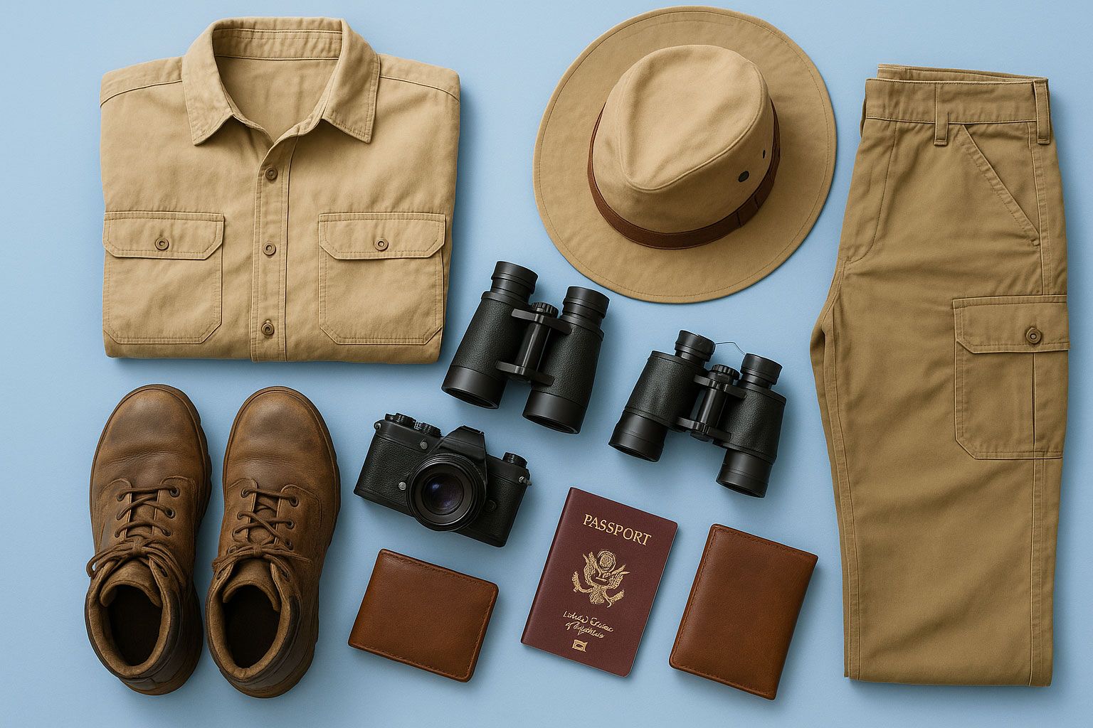 Travel items arranged in a row ready for packing