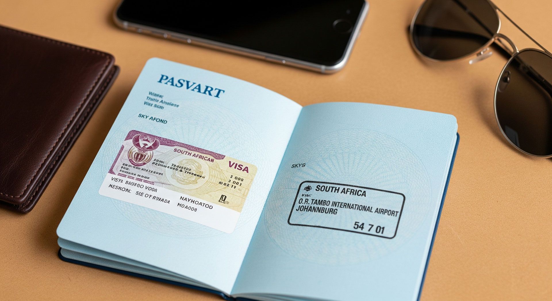 A passport open displaying a visa to South Africa. 